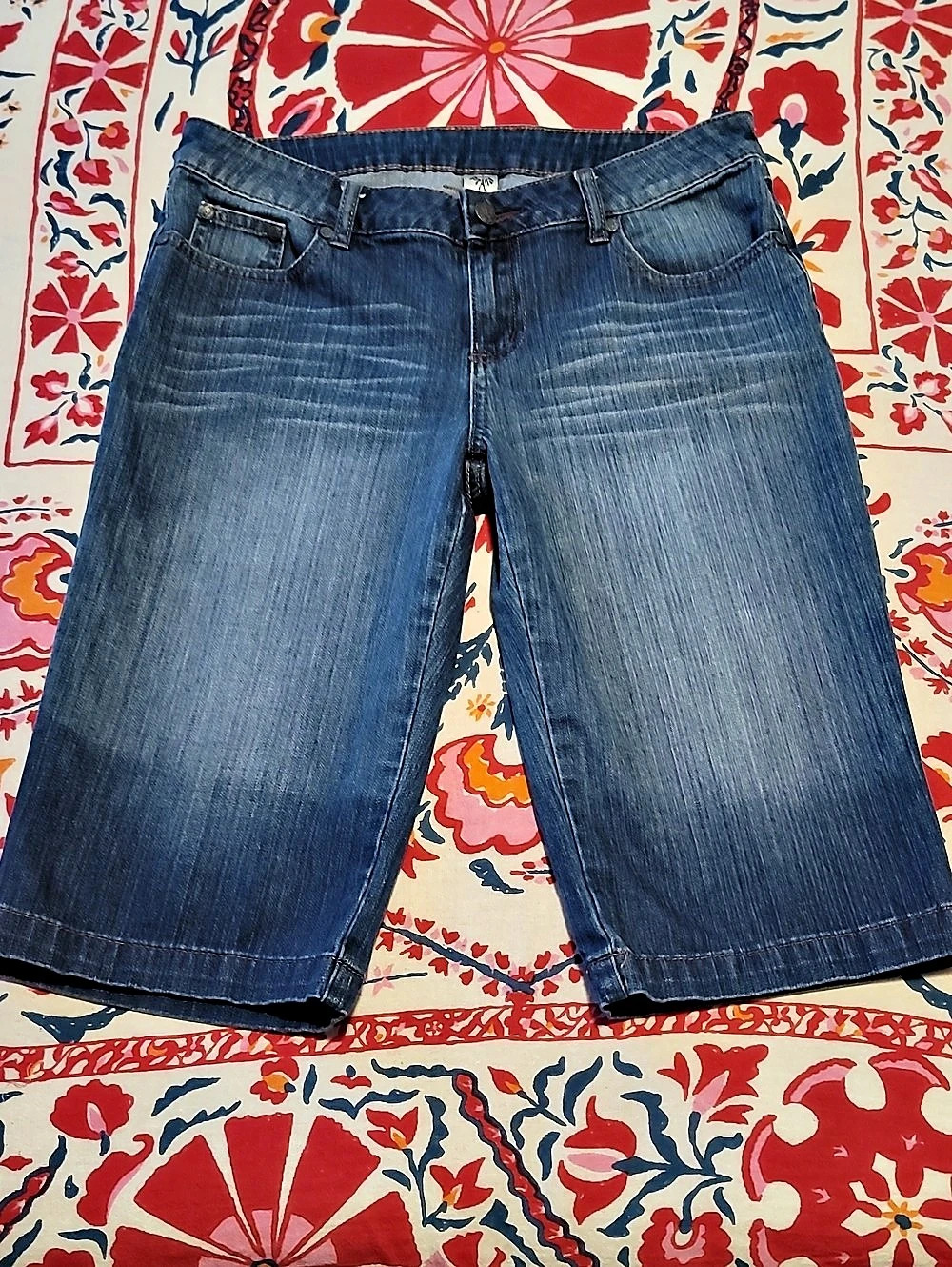 Prana Breathe Merrin Womens Cotton Cropped Blue Denim Jean Knicker Shorts